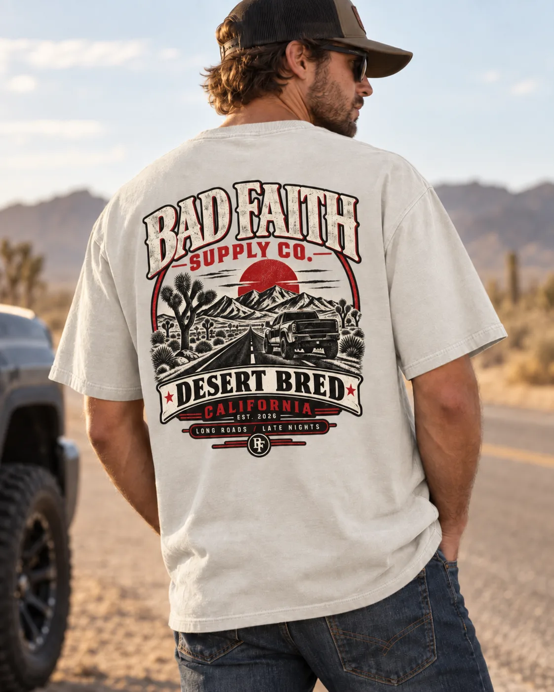 Bad Faith Supply Co desert-bred apparel worn on an open California desert road