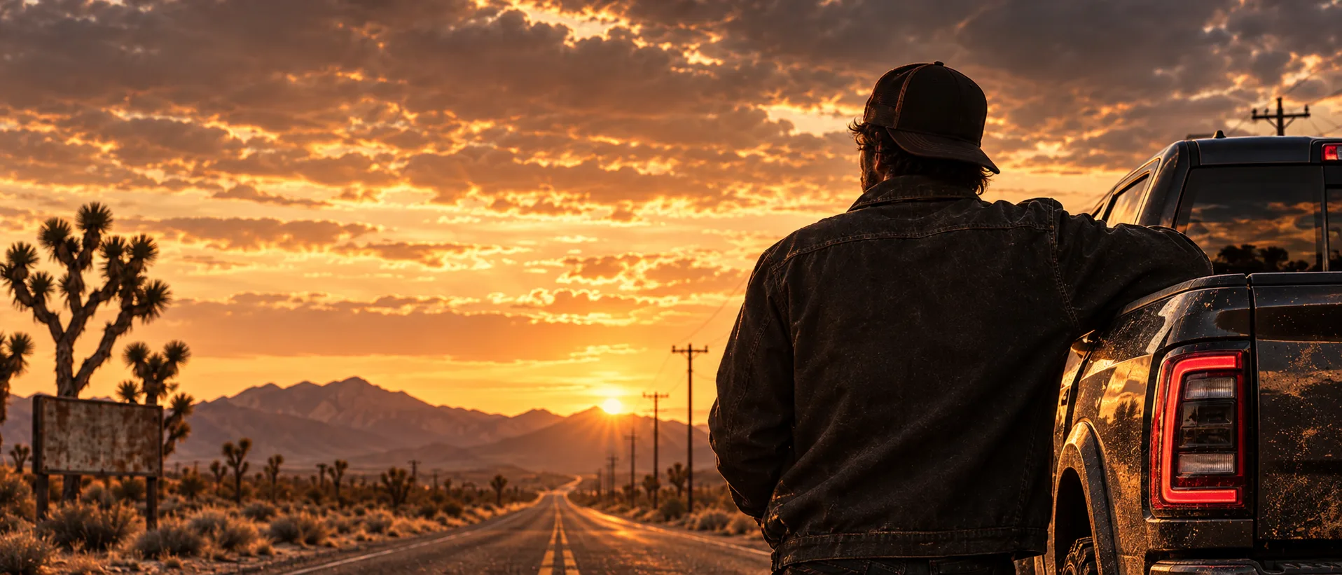 Bad Faith Supply Co look toward the highway and mountains at golden hour