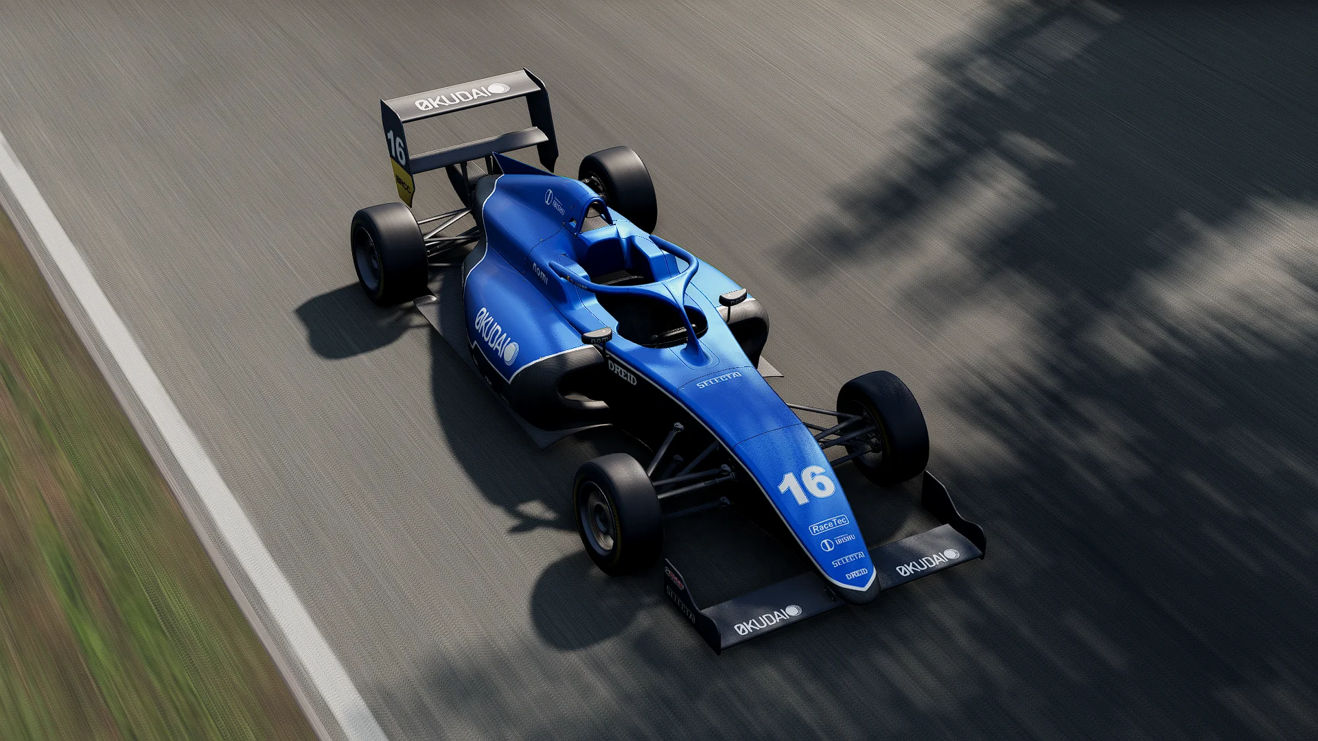 Blue open-wheel race car at speed in BeamNG.drive