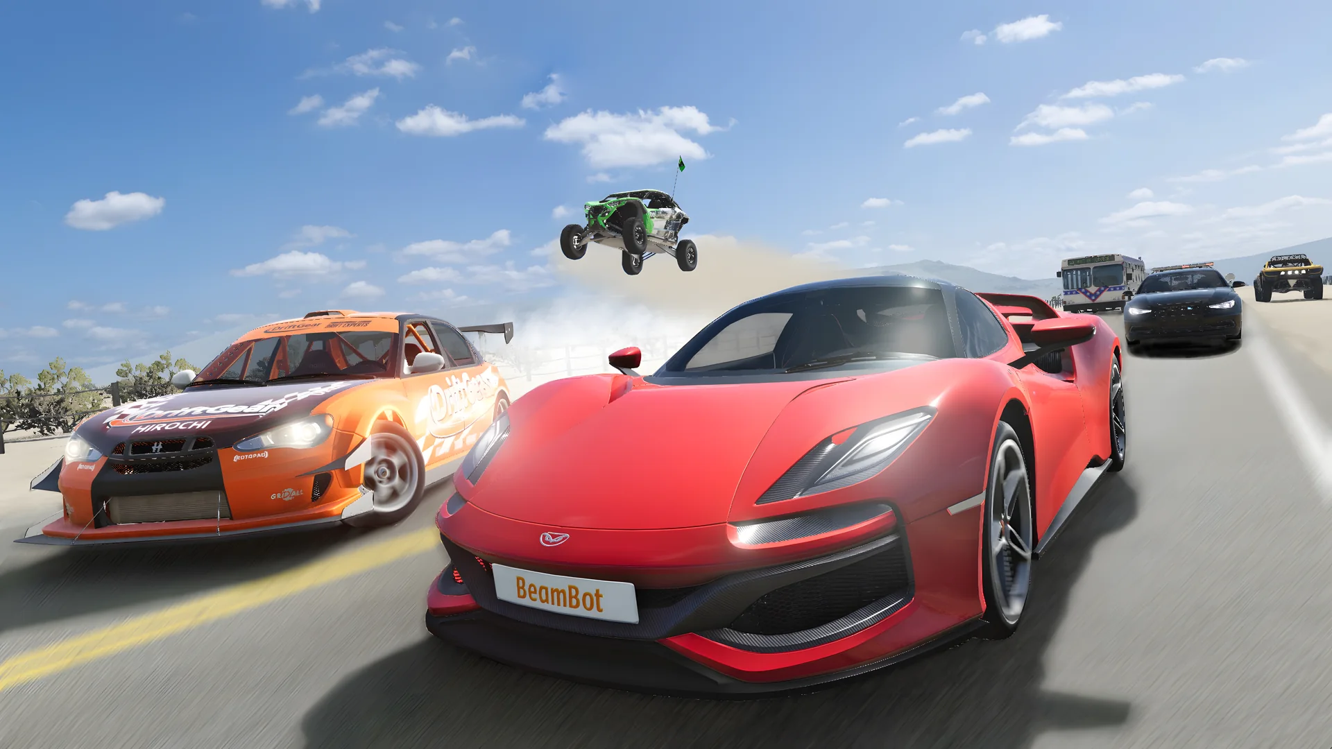 Sports cars, drift cars, and off-road vehicles racing together in BeamMP