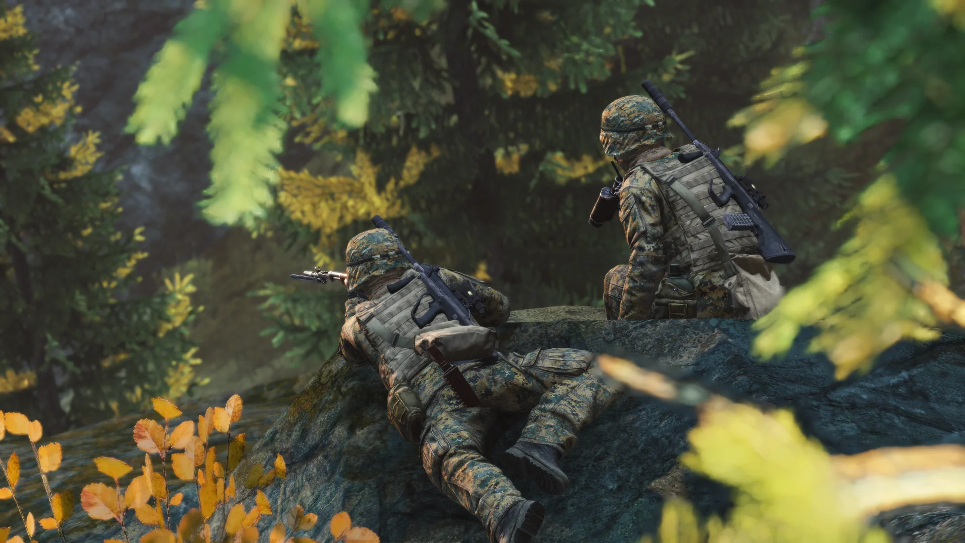 Two DayZ survivors watching the forest
