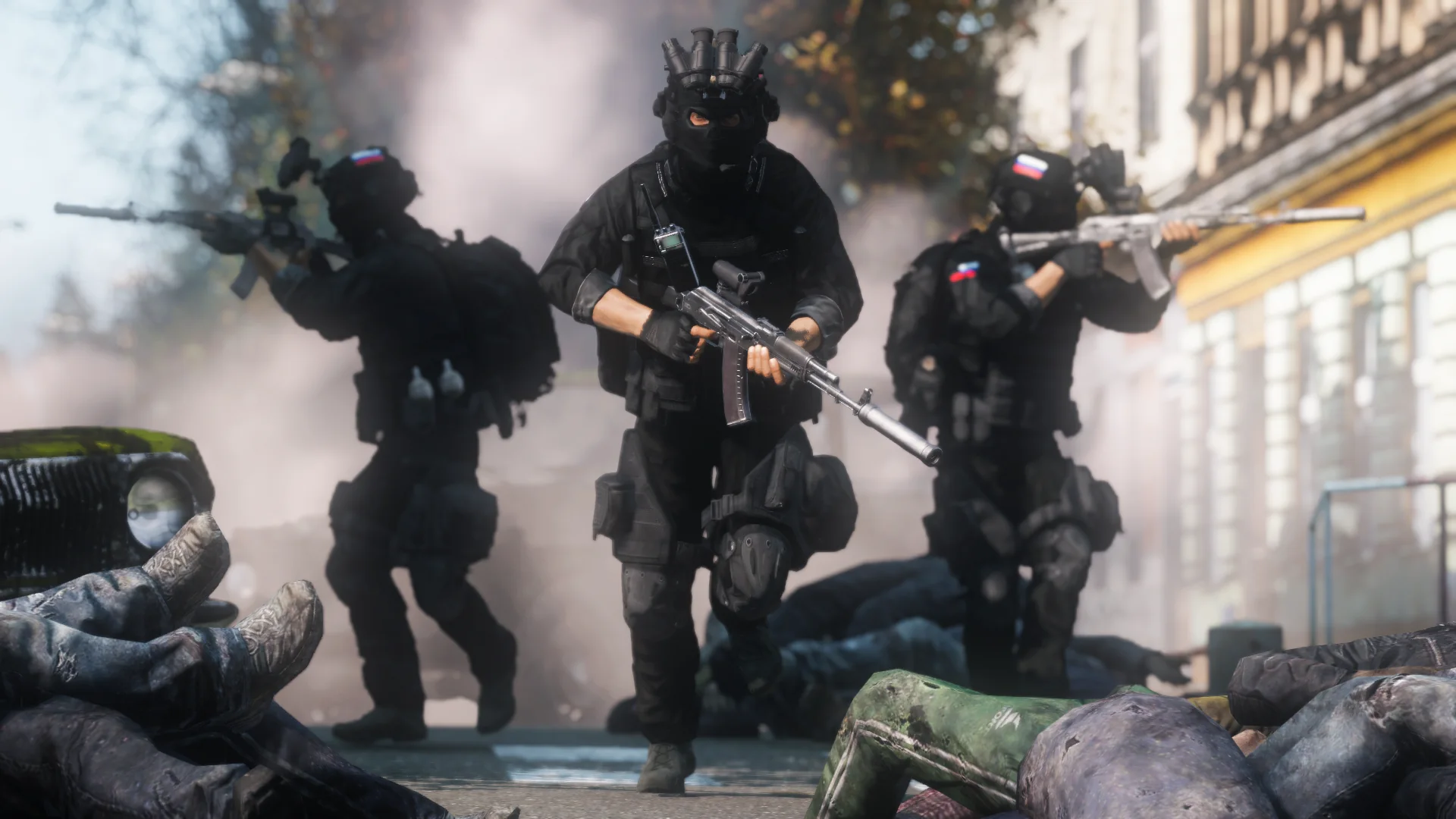 DayZ tactical squad advancing through a city