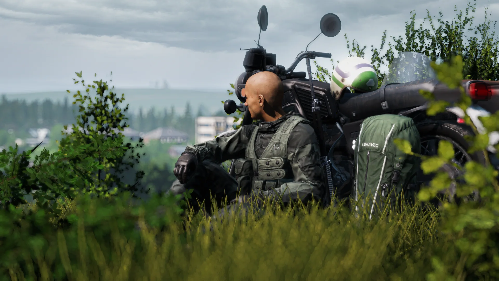 DayZ survivor resting beside a motorcycle