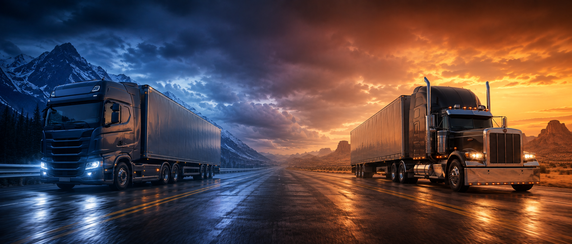 European cab-over truck and American long-nose truck approaching from opposite sides of a split highway