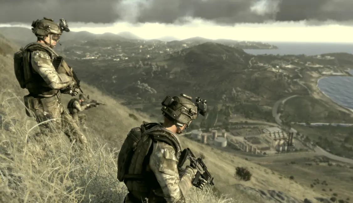 ArmA III soldiers on a ridge overlooking a bay