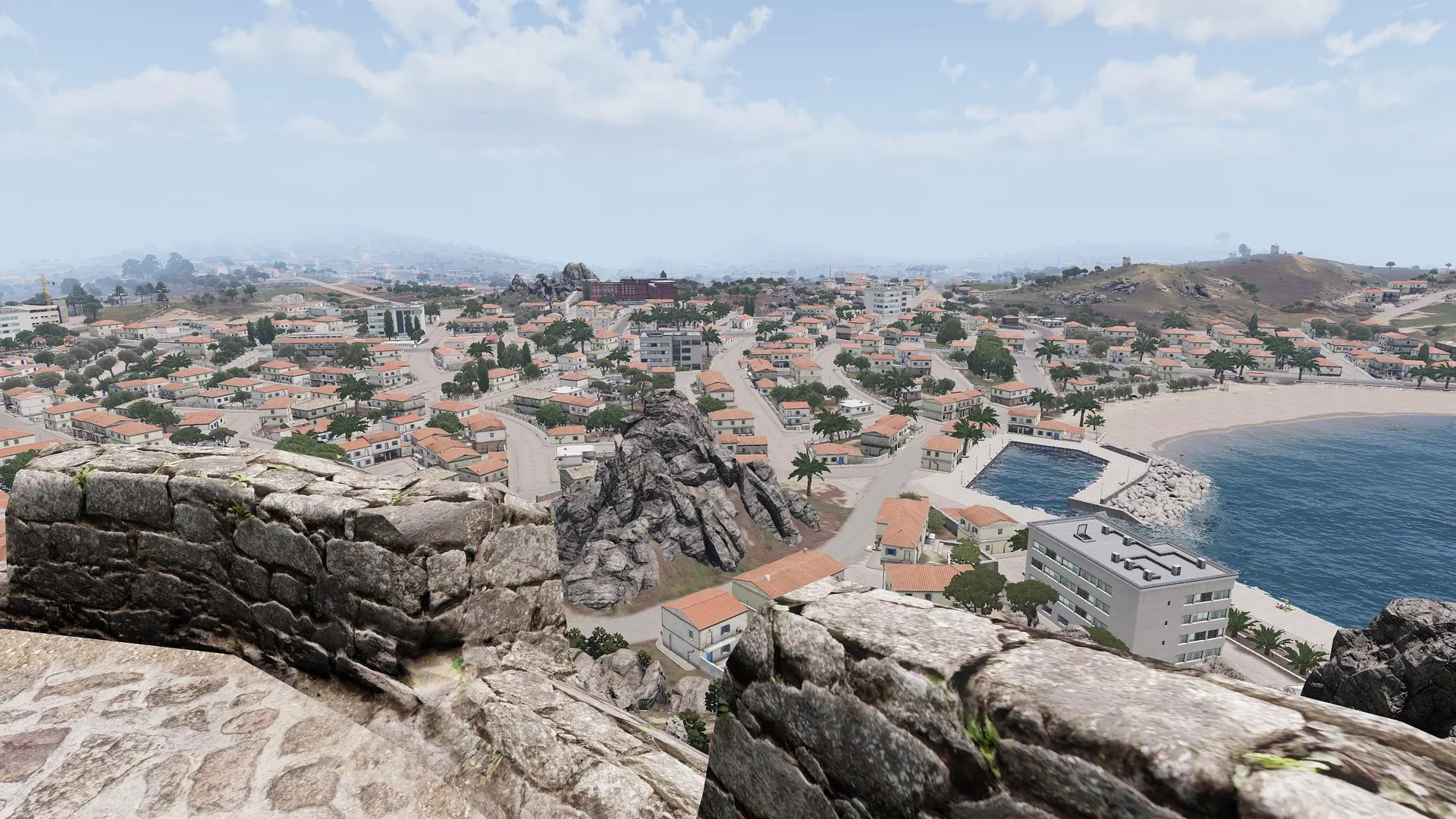 Aerial view of a coastal town in ArmA III