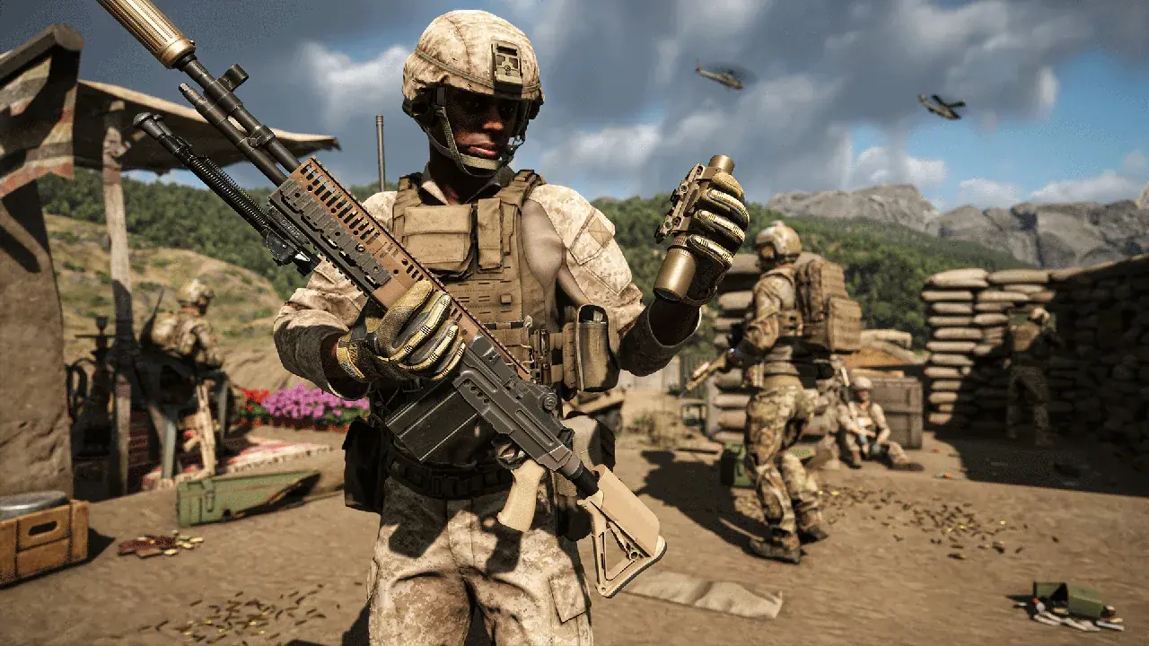 Soldier checking gear at a desert outpost