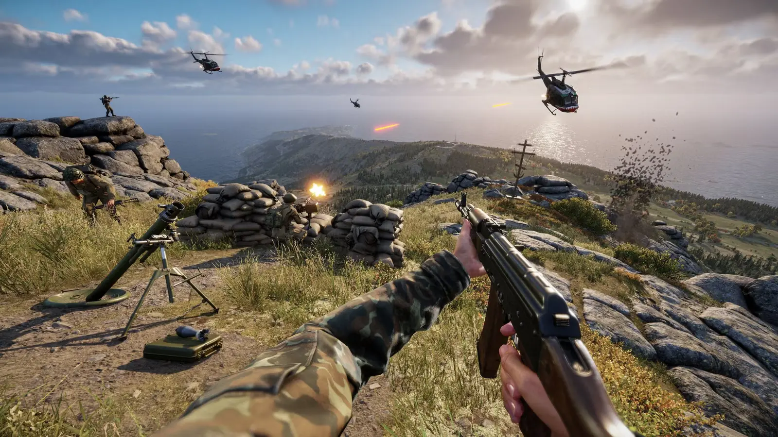 First-person combat with mortar and sharkmouth Huey