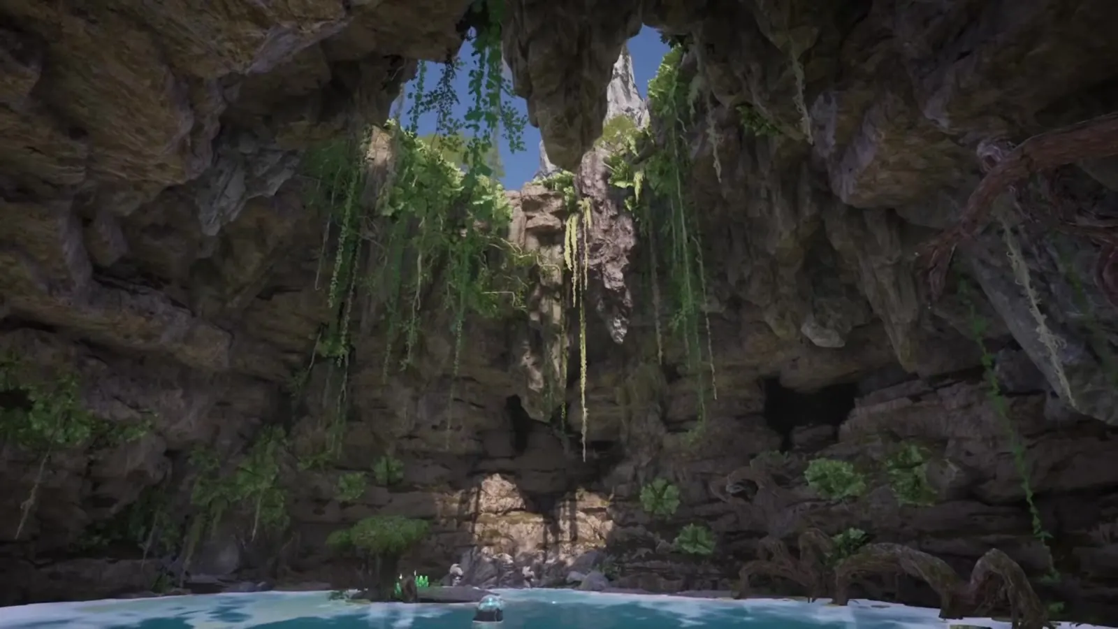 Palworld cave with skylight and turquoise pool