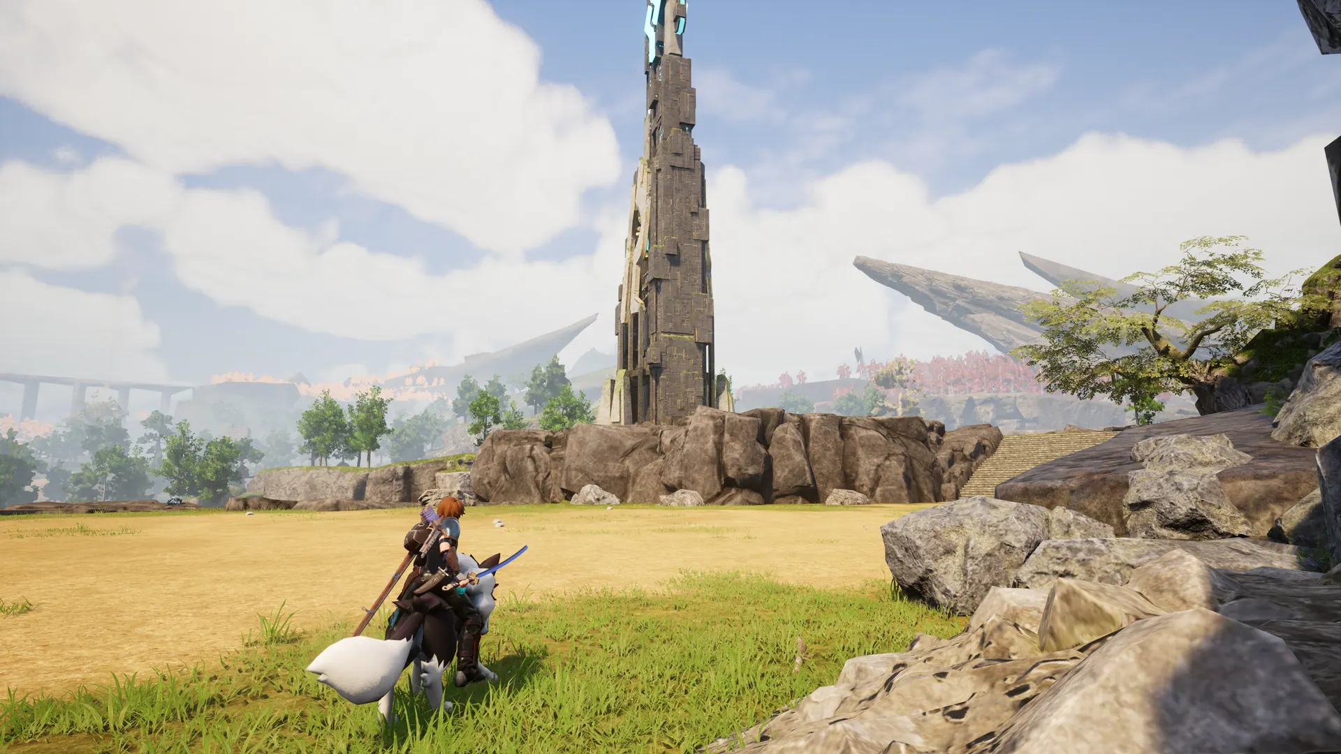 Palworld rider on a Direhowl toward a tower