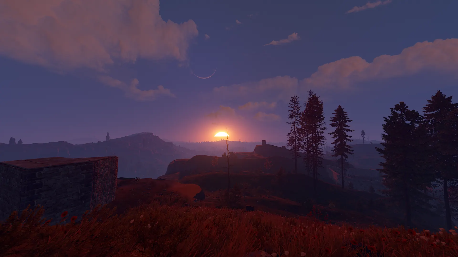 RUST sunset landscape with a stone base