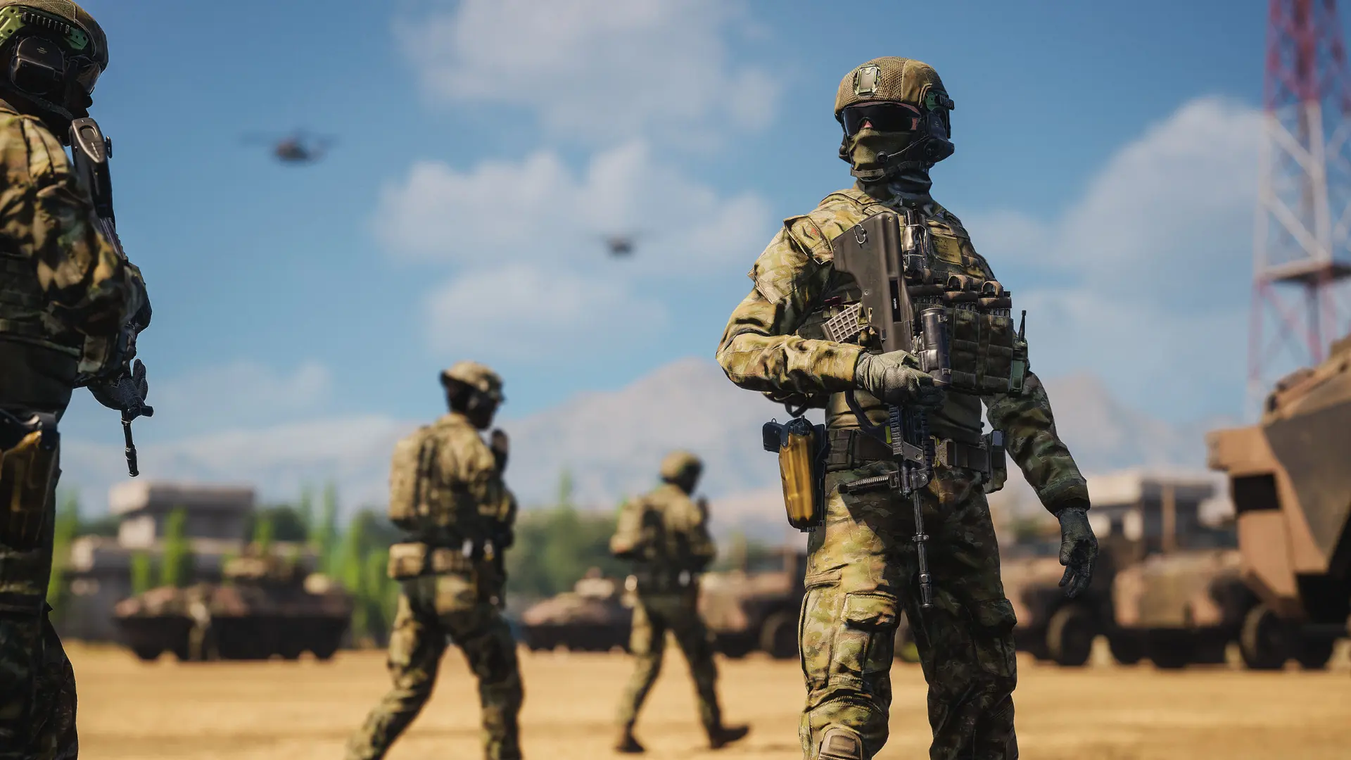 Squad base staging with APCs and helicopters