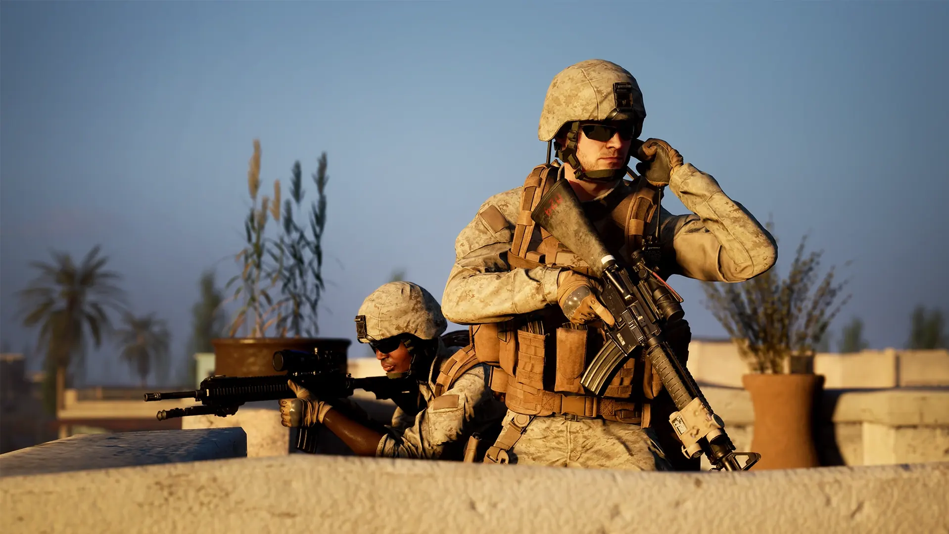 Squad rooftop golden hour with radio and scoped rifle