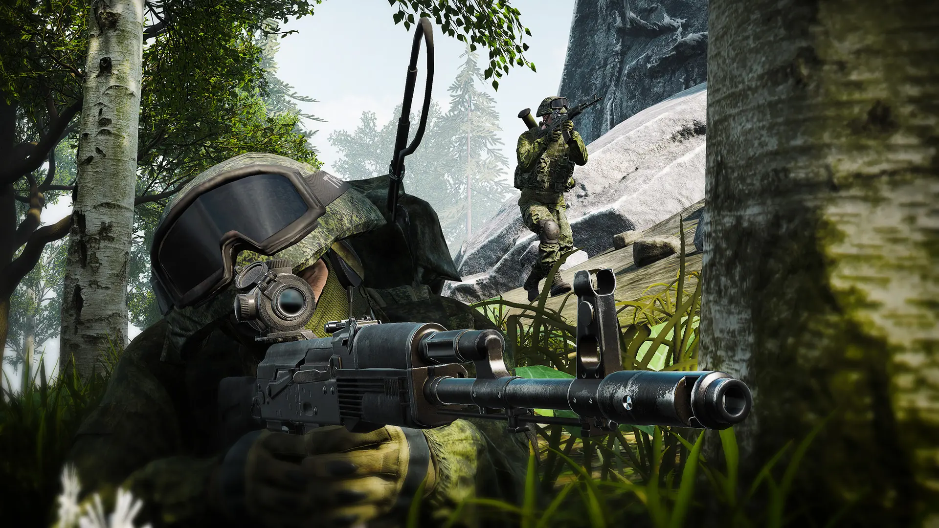 Squad forest infantry aiming toward camera
